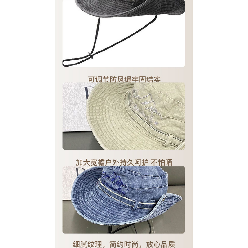 Vintage Washed Embroidered Bucket Hat, Wide-Brimmed Sun Hat with Drawstring for Hiking and Outdoor Activities—Black