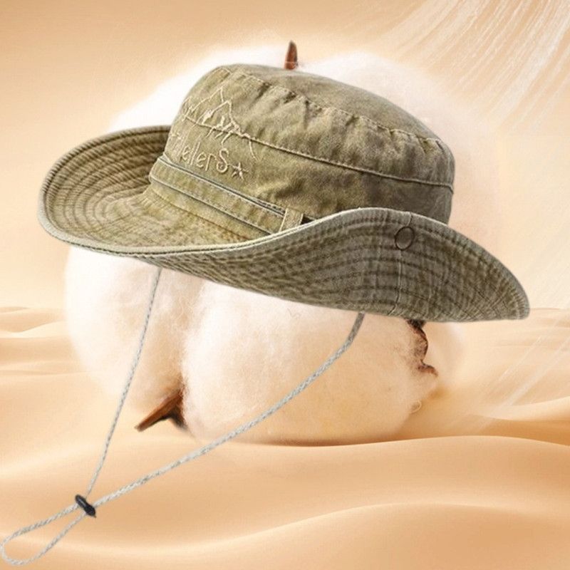 Vintage Washed Embroidered Bucket Hat, Wide-Brim Sun Hat with Drawstring for Hiking and Outdoor Activities - Blue