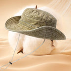 Vintage Washed Embroidered Bucket Hat, Wide-Brim Sun Hat with Drawstring for Hiking and Outdoor Activities - Brown