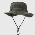 Vintage Washed Embroidered Bucket Hat, Wide-Brimmed Sun Hat with Drawstring for Hiking and Outdoor Activities—Green
