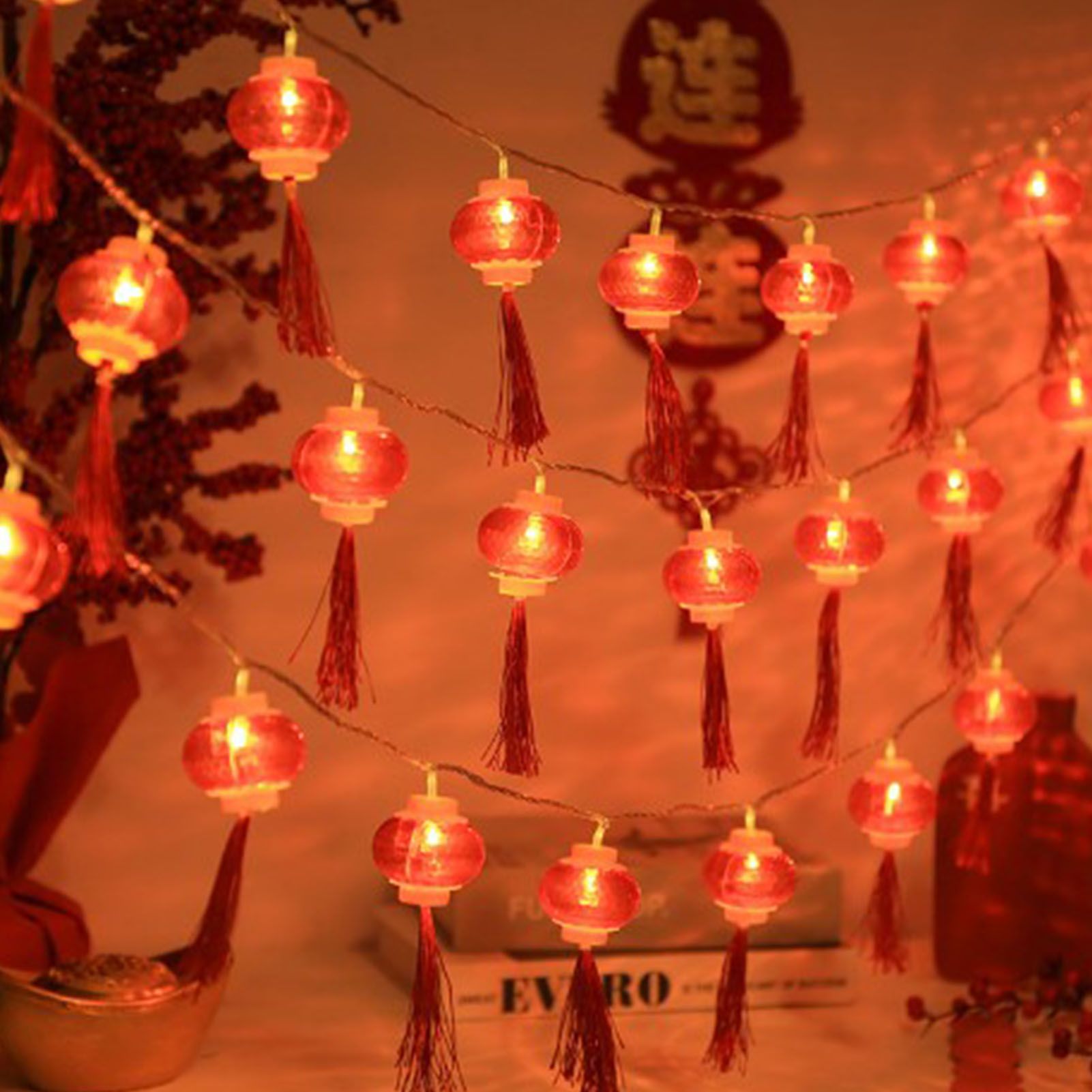 Red Chinese Lantern String Lights LED Light Beads Waterproof New Year Lantern with PVC Shell for Courtyards With Tassel 6meter/19.7ft 40 Light