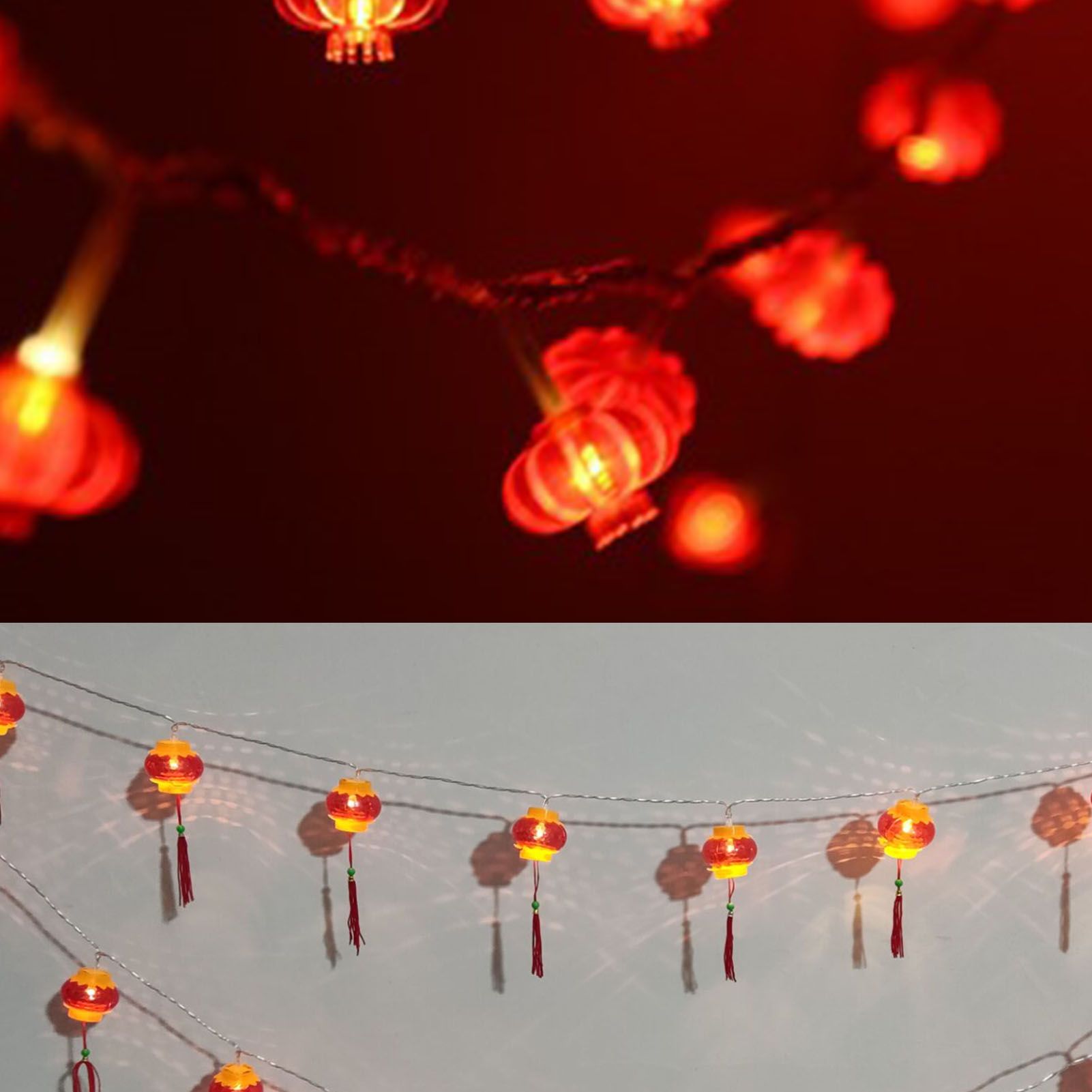 Red Chinese Lantern String Lights LED Light Beads Waterproof New Year Lantern with PVC Shell for Courtyards With Tassel 6meter/19.7ft 40 Light