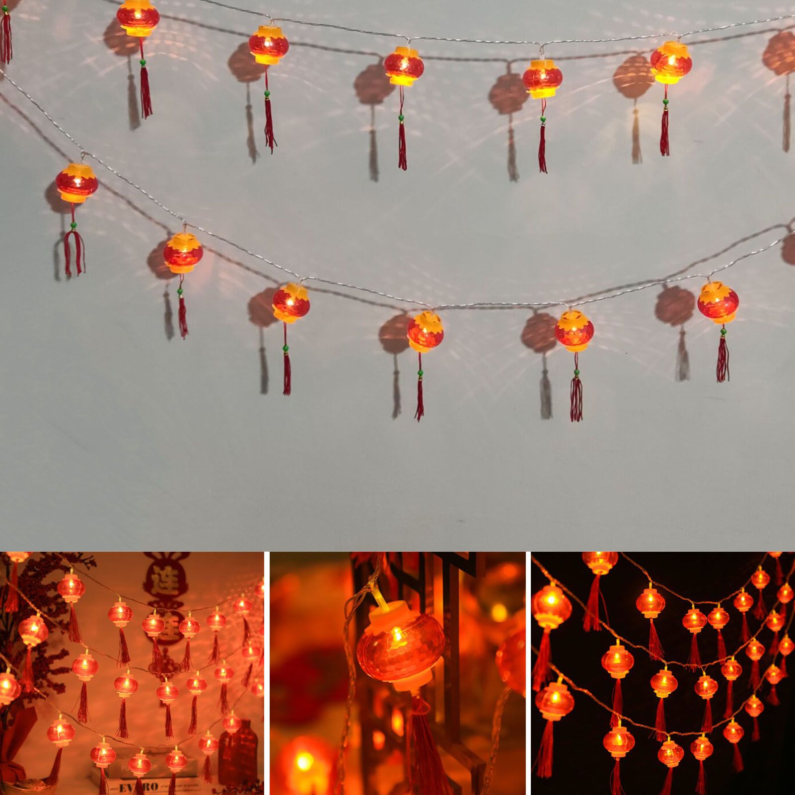 Red Chinese Lantern String Lights LED Light Beads Waterproof New Year Lantern with PVC Shell for Courtyards With Tassel 6meter/19.7ft 40 Light