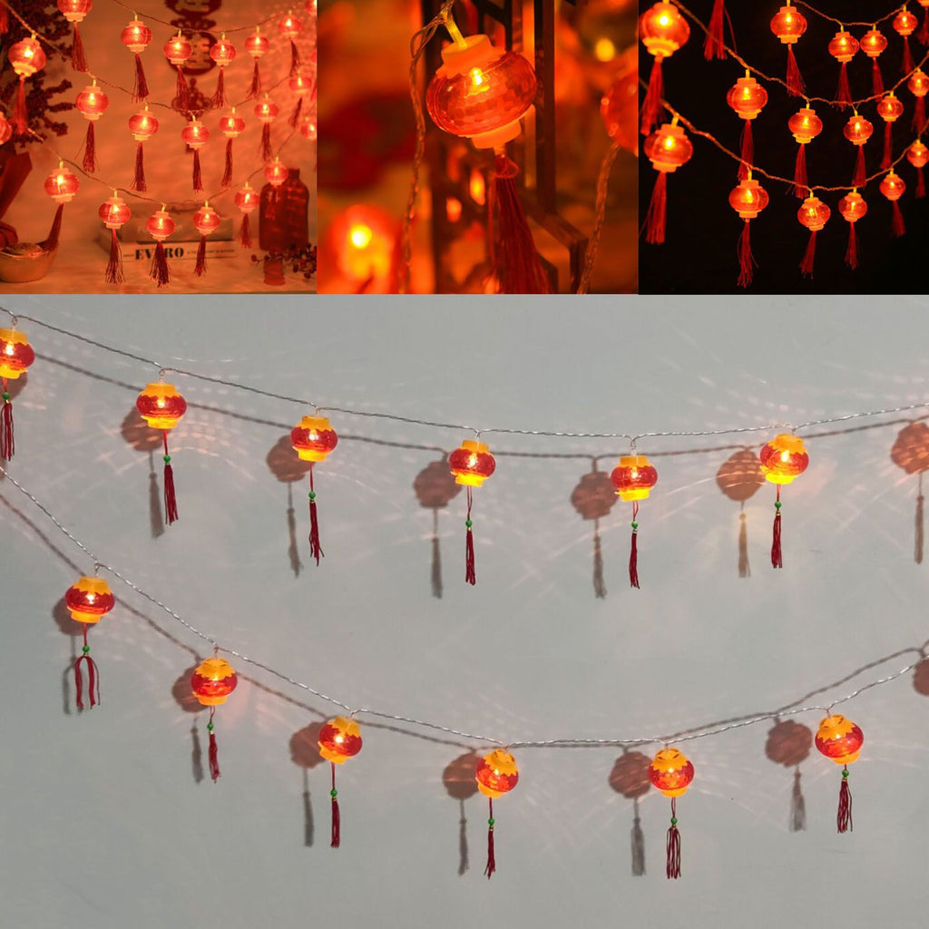 Red Chinese Lantern String Lights LED Light Beads Waterproof New Year Lantern with PVC Shell for Courtyards With Tassel 6meter/19.7ft 40 Light