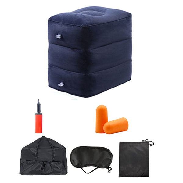7pcs Inflatable Travel Foot Rest Pillow Height Adjustable 3 Layers Kids Airplane Bed for Airplane Car Bus Travel Navy Blue