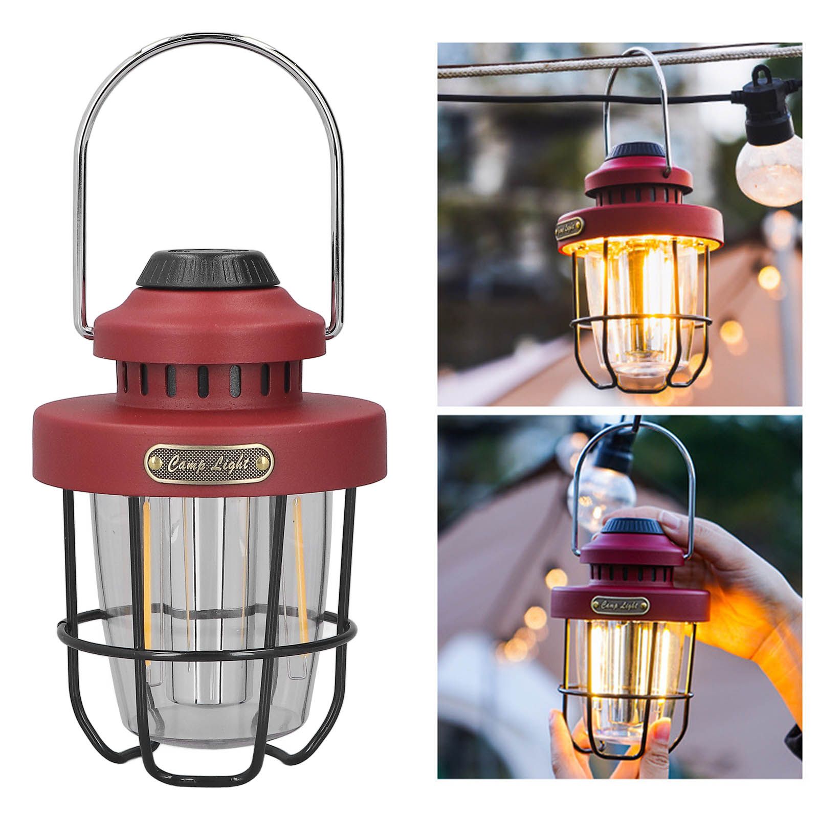 Camping Lantern Retro USB Charging 3 Light Modes IPX4 Waterproof Camping Lights for Outdoor Red