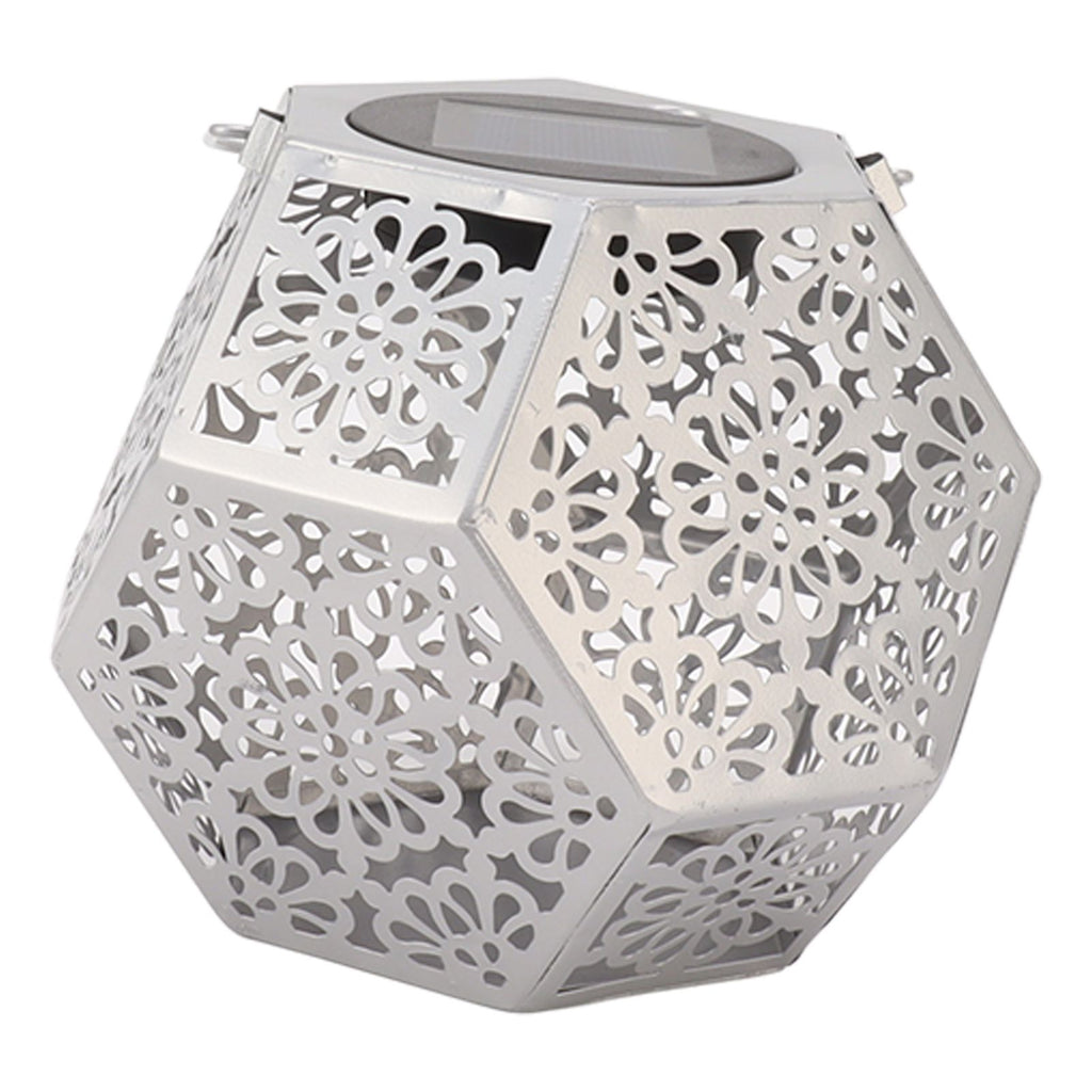 LED Solar Powered Lantern Light IP44 Waterproof Silver Polygon Decorative Solar Hanging Lantern Light for Outdoor Garden