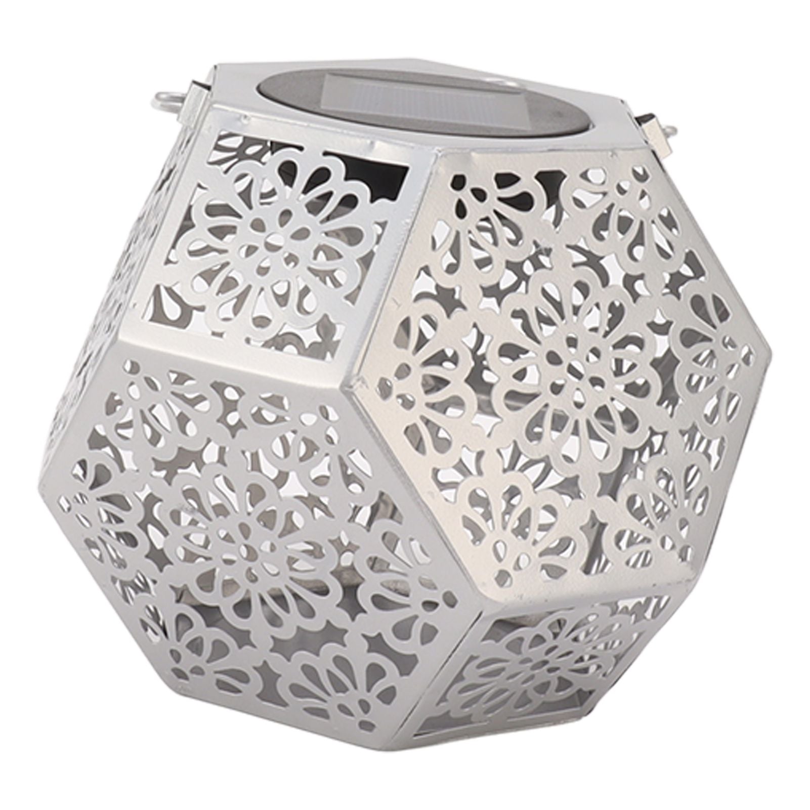 LED Solar Powered Lantern Light IP44 Waterproof Silver Polygon Decorative Solar Hanging Lantern Light for Outdoor Garden