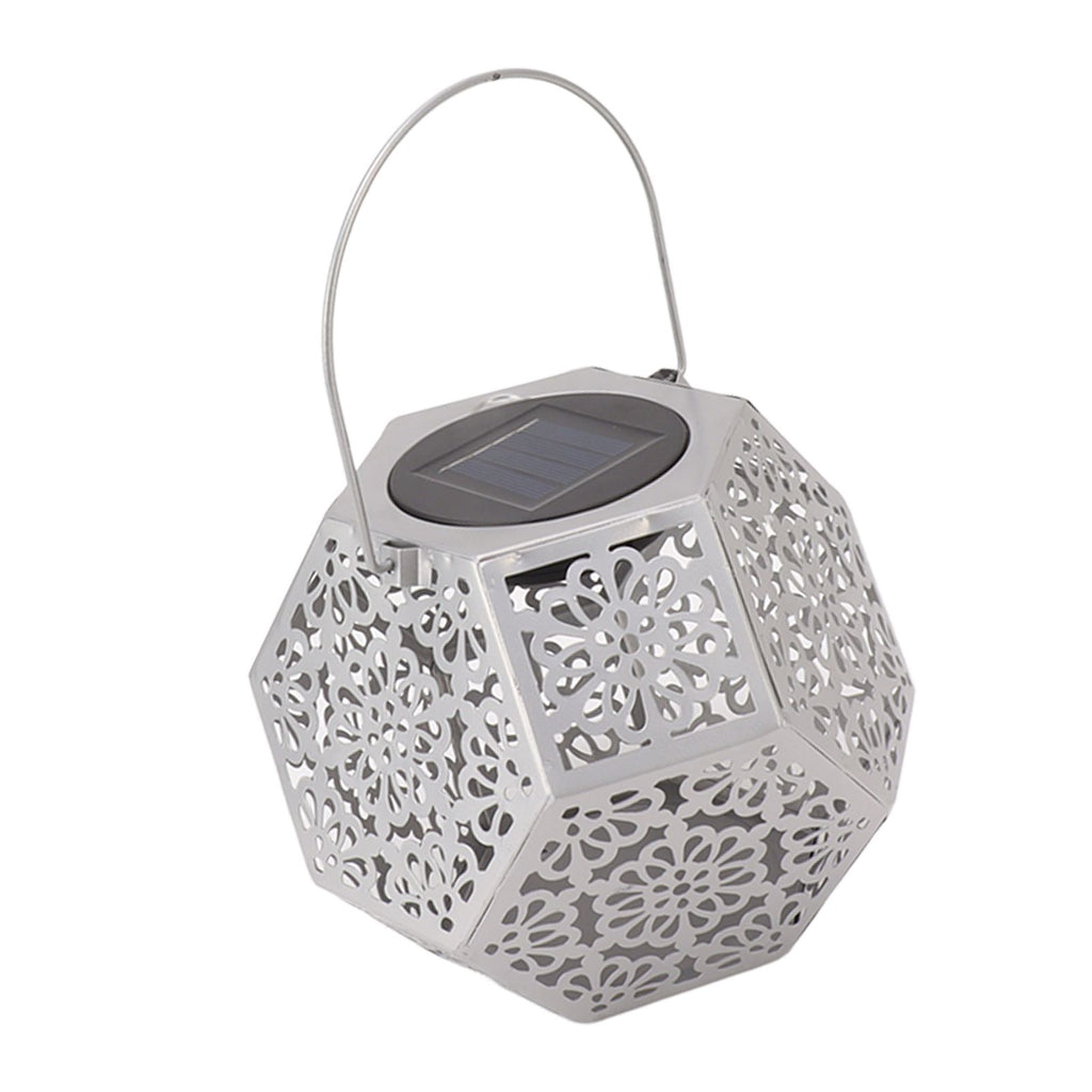 LED Solar Powered Lantern Light IP44 Waterproof Silver Polygon Decorative Solar Hanging Lantern Light for Outdoor Garden