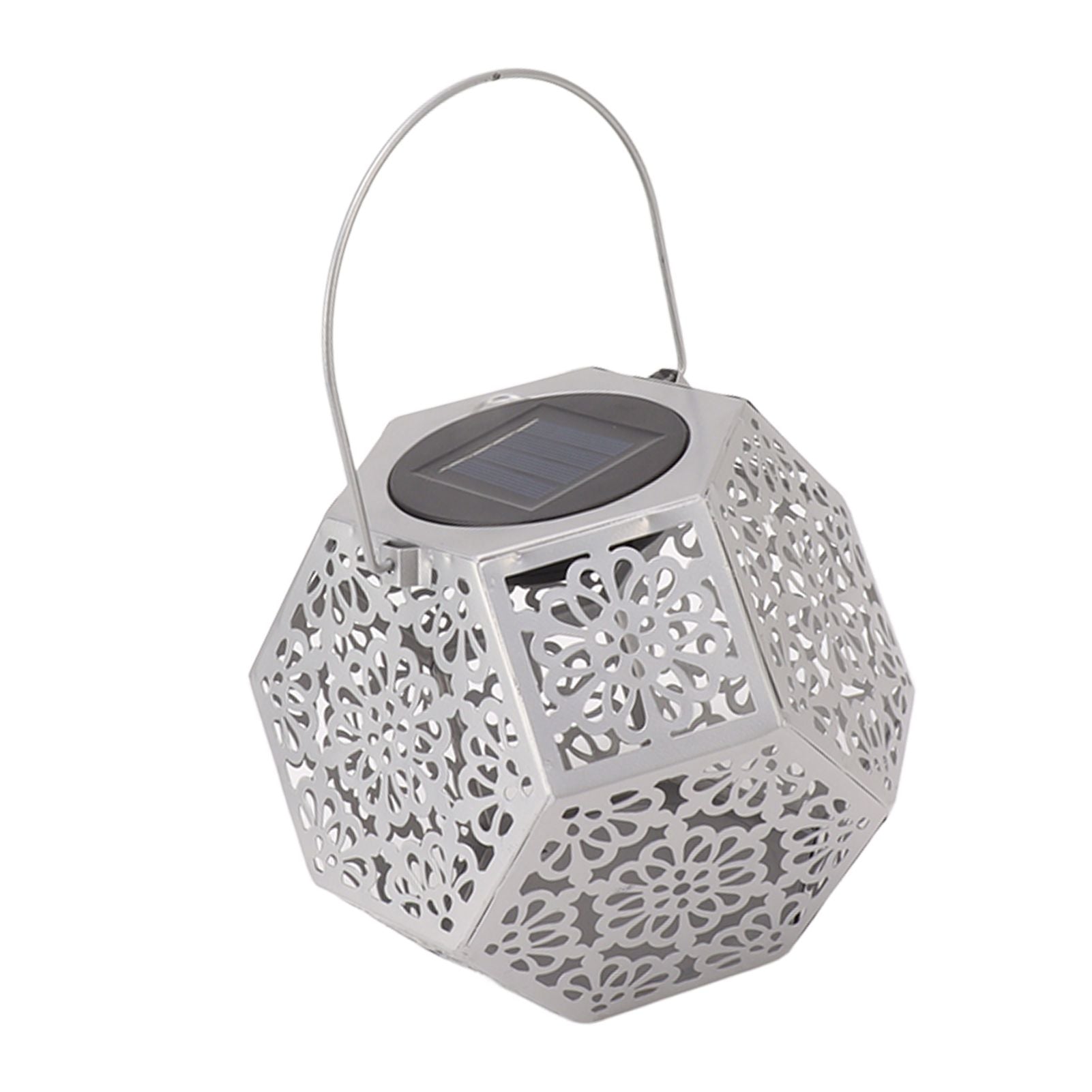 LED Solar Powered Lantern Light IP44 Waterproof Silver Polygon Decorative Solar Hanging Lantern Light for Outdoor Garden