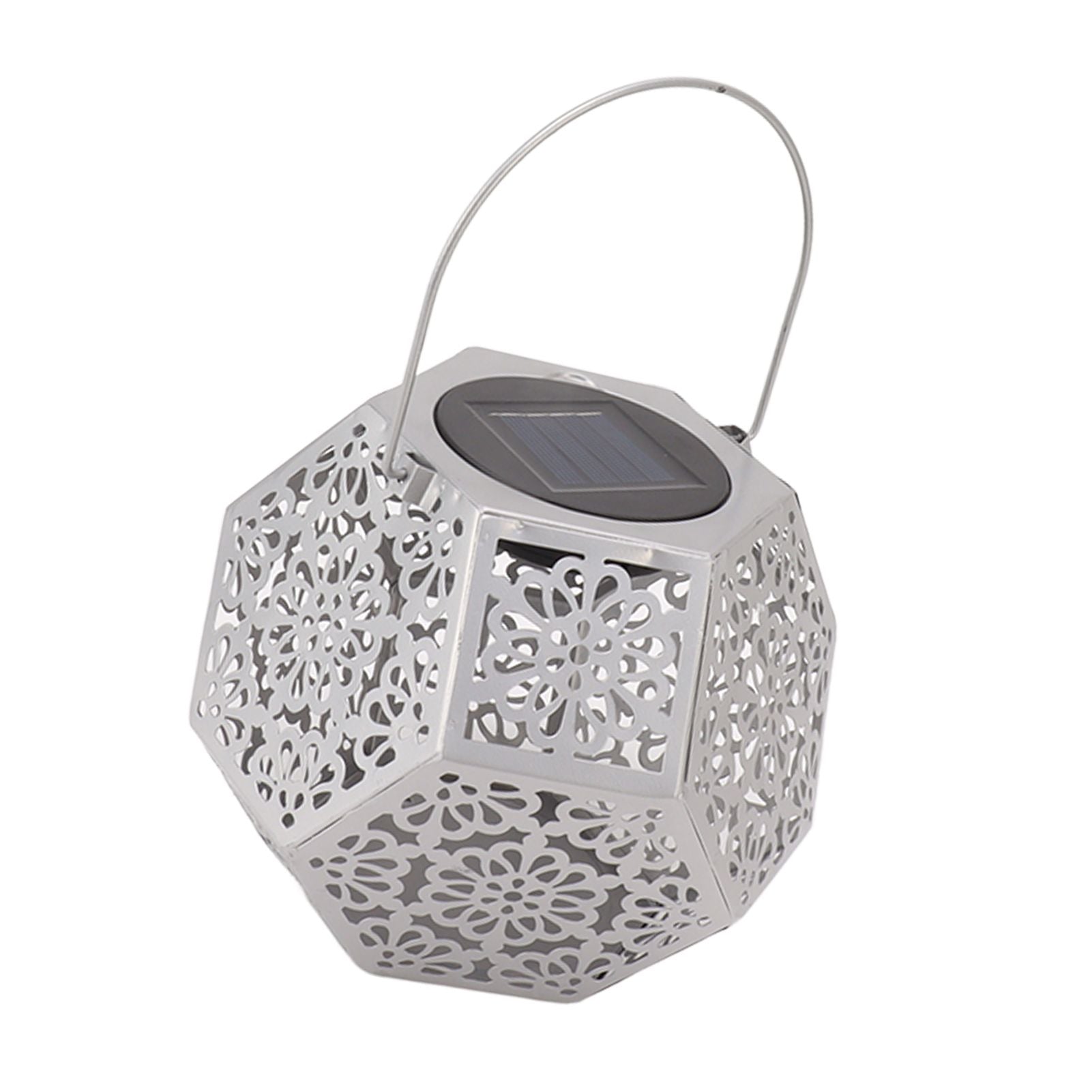 LED Solar Powered Lantern Light IP44 Waterproof Silver Polygon Decorative Solar Hanging Lantern Light for Outdoor Garden