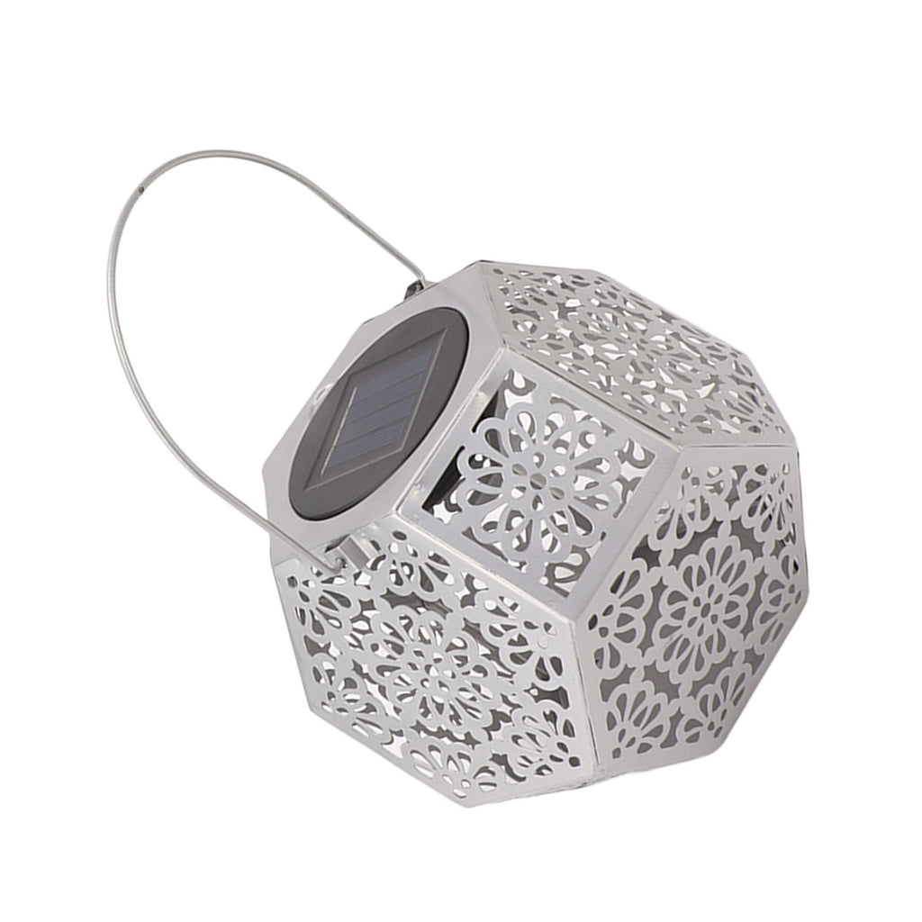 LED Solar Powered Lantern Light IP44 Waterproof Silver Polygon Decorative Solar Hanging Lantern Light for Outdoor Garden