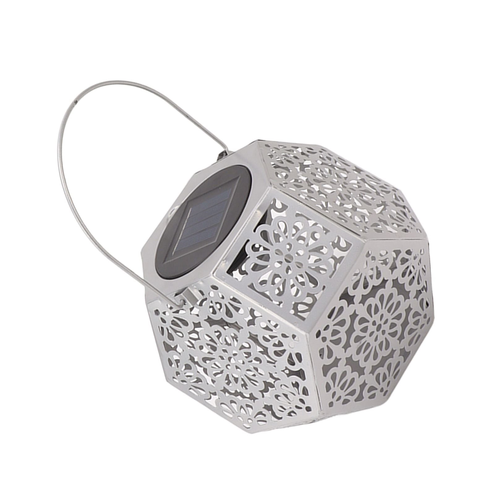 LED Solar Powered Lantern Light IP44 Waterproof Silver Polygon Decorative Solar Hanging Lantern Light for Outdoor Garden