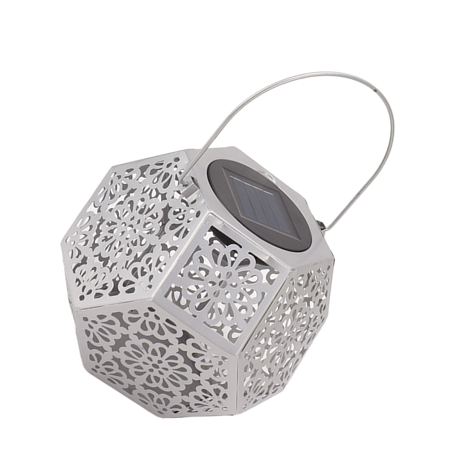 LED Solar Powered Lantern Light IP44 Waterproof Silver Polygon Decorative Solar Hanging Lantern Light for Outdoor Garden