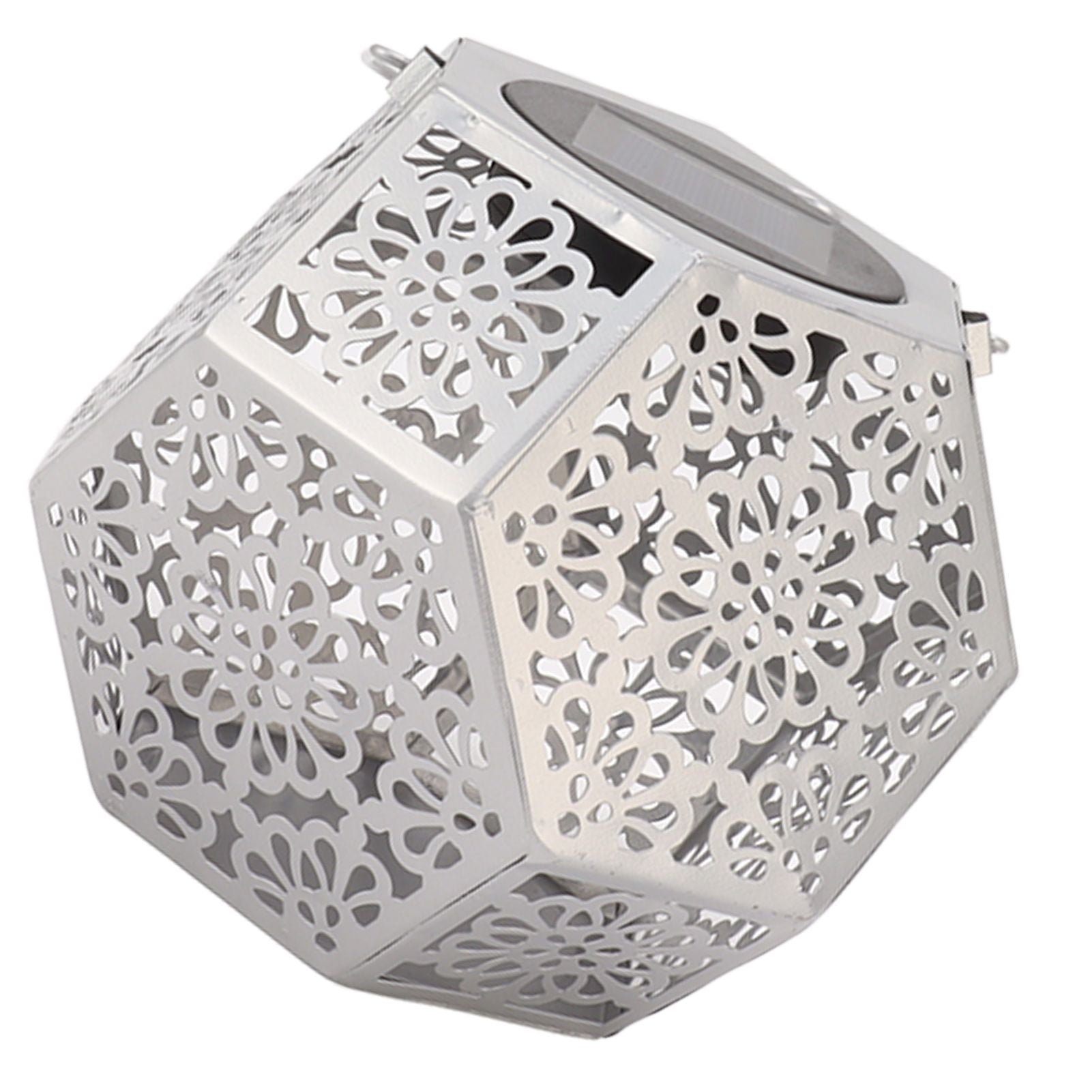 LED Solar Powered Lantern Light IP44 Waterproof Silver Polygon Decorative Solar Hanging Lantern Light for Outdoor Garden