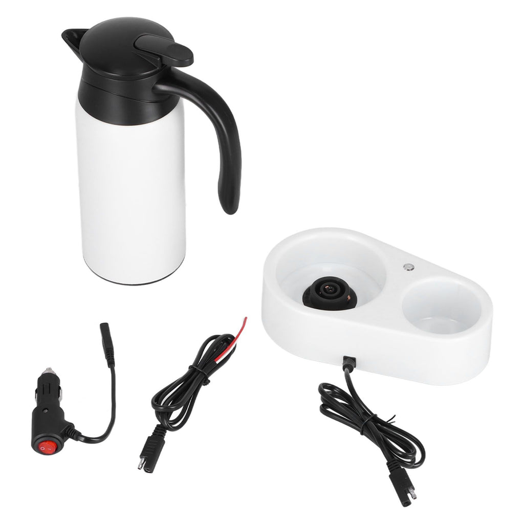 800ml Portable Electric Car Kettles Car Water Dispenser with White Base Silicone Sealing Ring Cover for Travel Boil WaterWhite