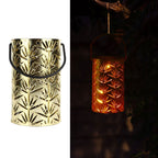LED Hanging Lantern with Leaf Hollow Pattern Portable Fireplace Lamp for Party House Yard Decoration Gold