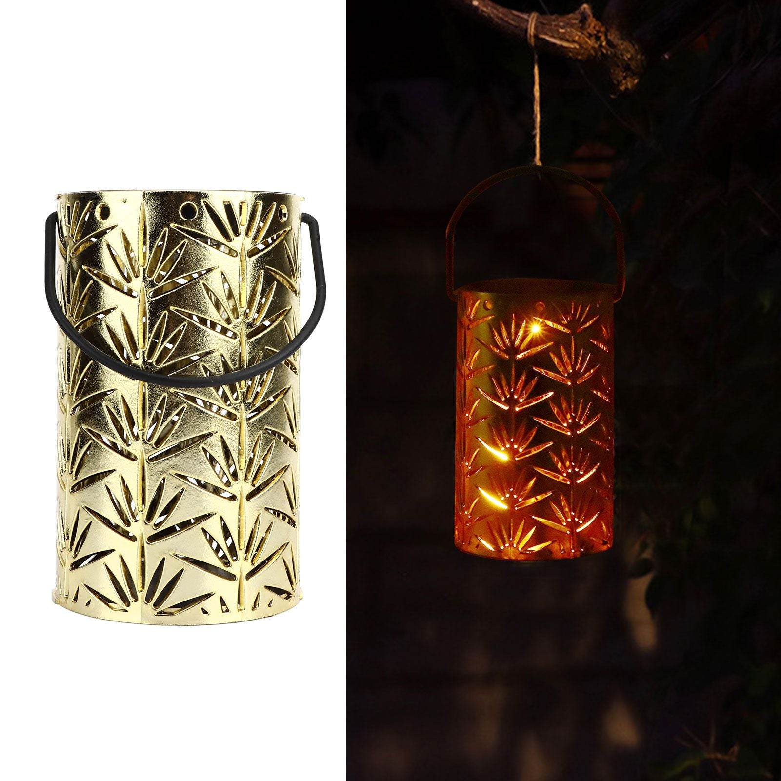 LED Hanging Lantern with Leaf Hollow Pattern Portable Fireplace Lamp for Party House Yard Decoration Gold