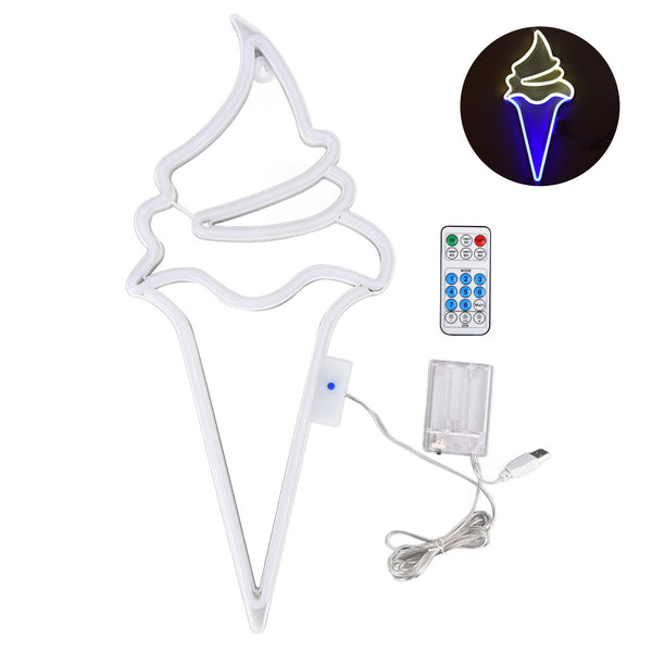 LED Neon Light Ice Cream Waterproof Battery USB Powered Hangable Decorative Remote Control Neon Sign for Home Party(White Blue )