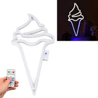 LED Neon Light Ice Cream Waterproof Battery USB Powered Hangable Decorative Remote Control Neon Sign for Home Party(White Blue )