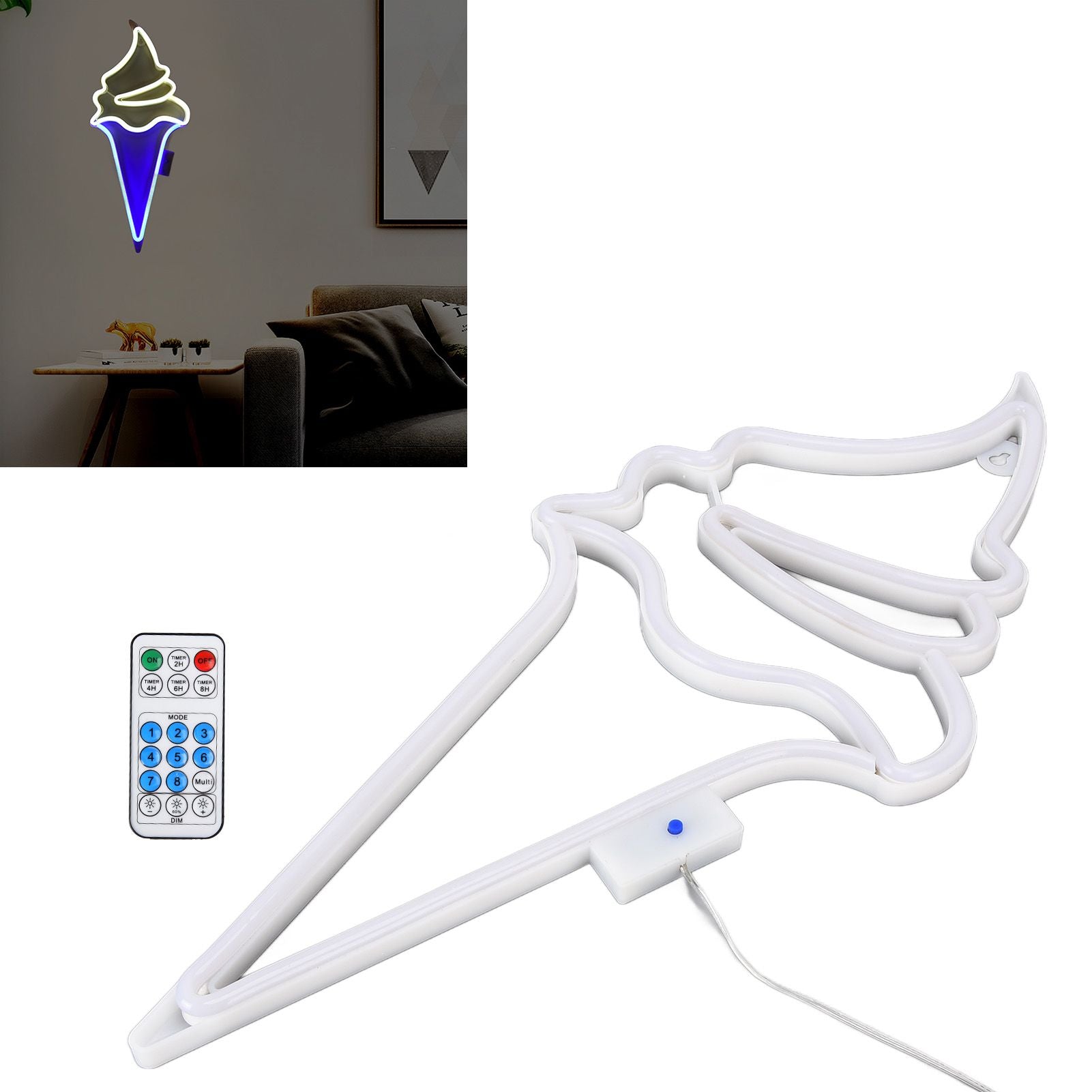 LED Neon Light Ice Cream Waterproof Battery USB Powered Hangable Decorative Remote Control Neon Sign for Home Party(White Blue )