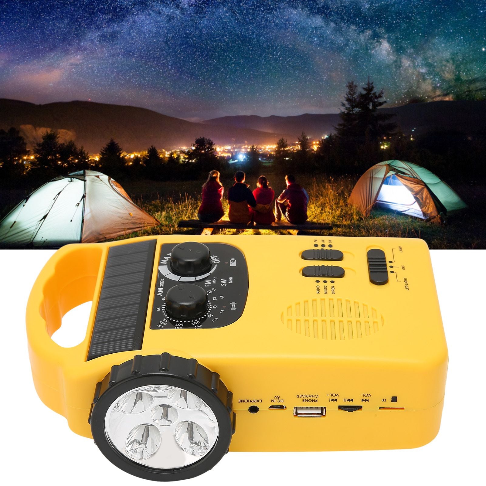Hand Crank Solar Radio AM FM SW Emergency Radio with LED Flashlight Reading Light MP3 Player for Outdoor CampingYellow
