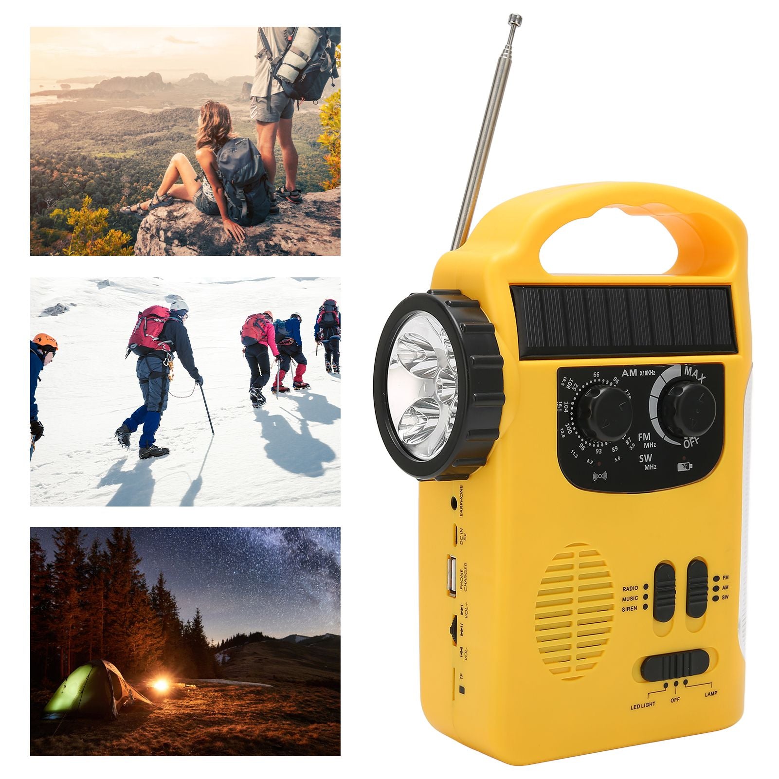 Hand Crank Solar Radio AM FM SW Emergency Radio with LED Flashlight Reading Light MP3 Player for Outdoor CampingYellow