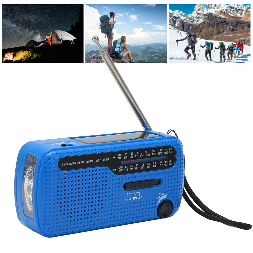 Hand Crank Solar Radio AM FM SW1 SW2 Camping LED Flashlight Multiband Camping Emergency Radio for OutdoorBlue