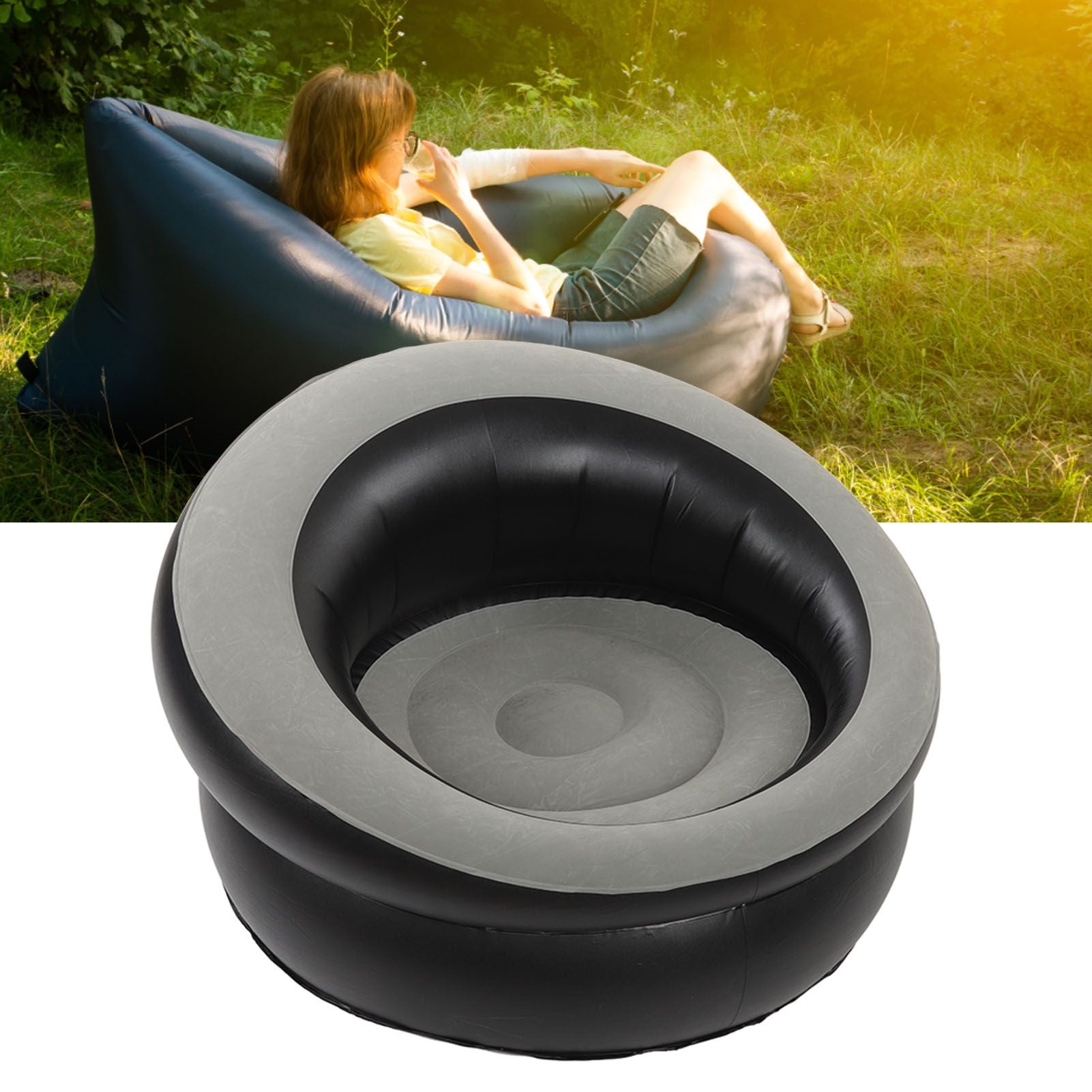 Inflatable Couch Flocking Air Sofa Simple Inflatable Chair for Living Room Bedroom Reading Room Office Balcony Travel Grey