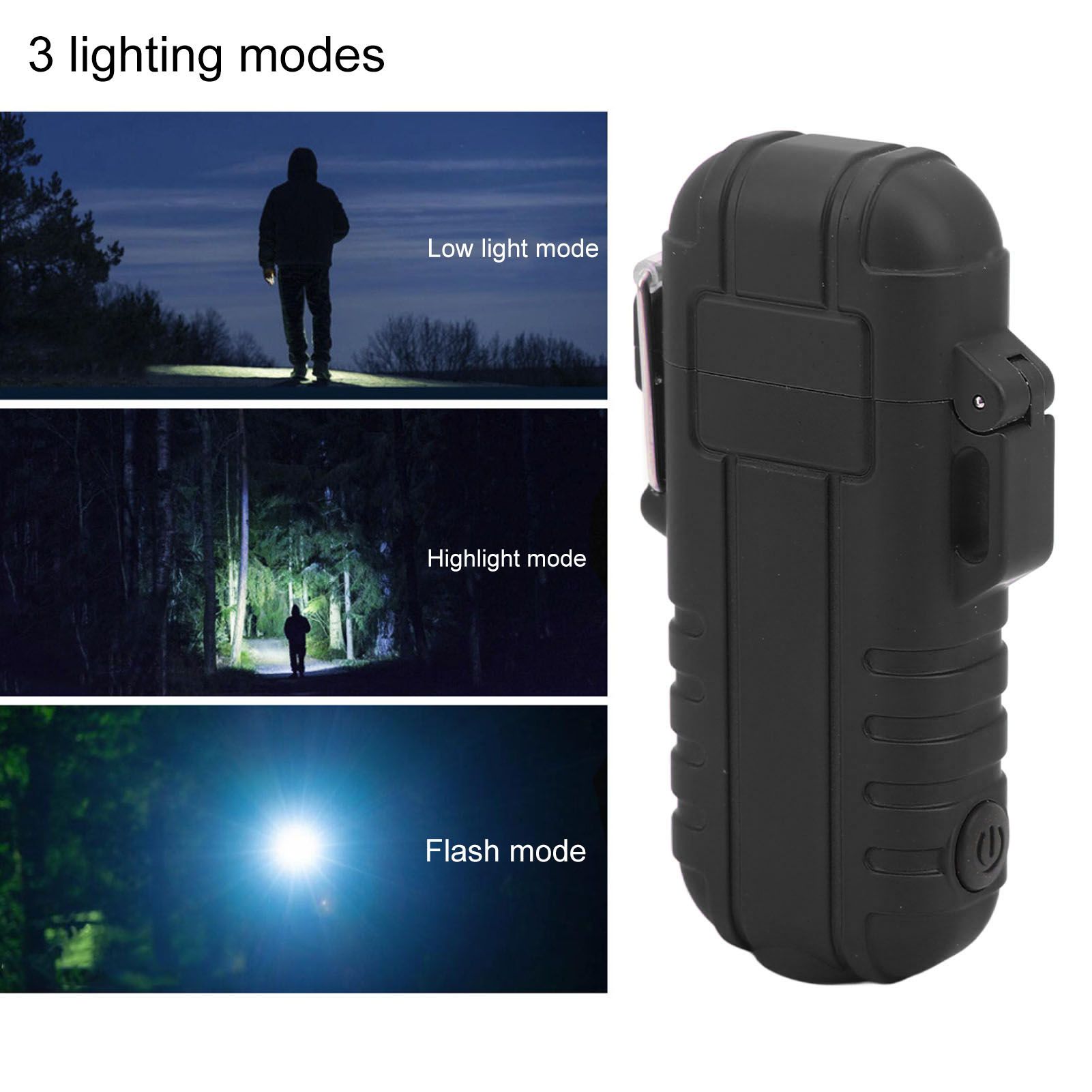 Outdoor Double Arc Electric Lighter Portable Waterproof Flashlight Lighter Charging Pulse Windproof Lighter Black