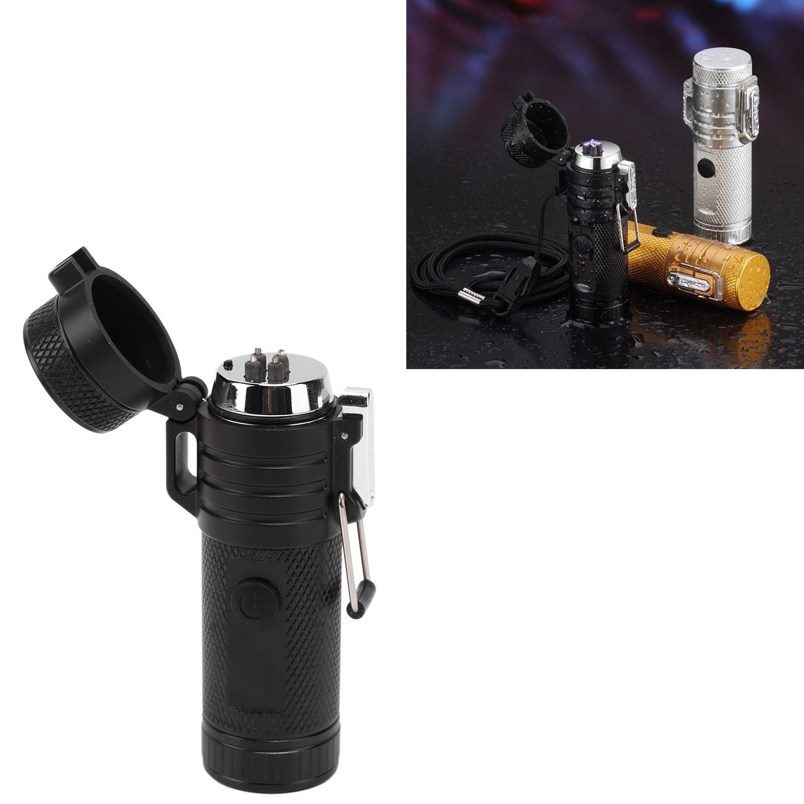 Electric Lighter Waterproof Double Arc Windproof Rechargeable 220mAh Cigarette Lighter for Camping Black