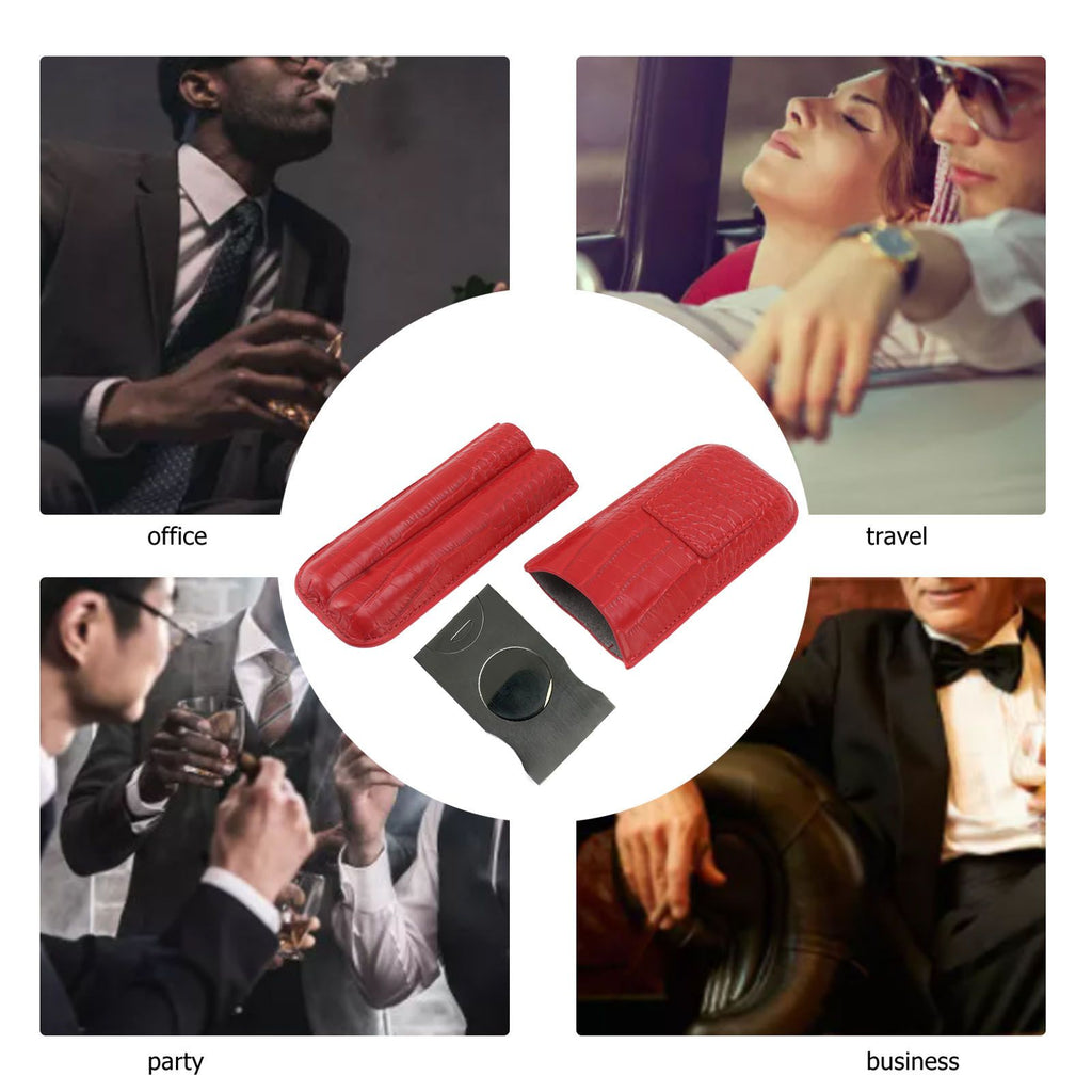 2 Finger Cigar Case Cigar Sleeve Portable Travel Cigar Holder Moisturizing Function With Cutter Red