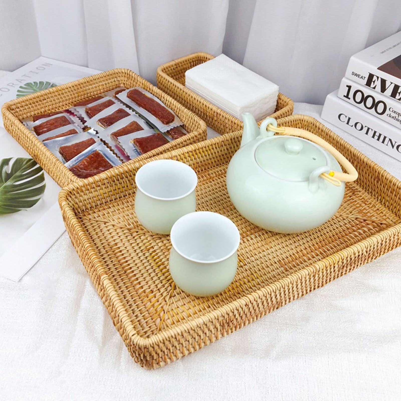 Rattan Tray Tabletop Organization Hand Woven Snack Storage Basket Multifunctional Serving Tray L