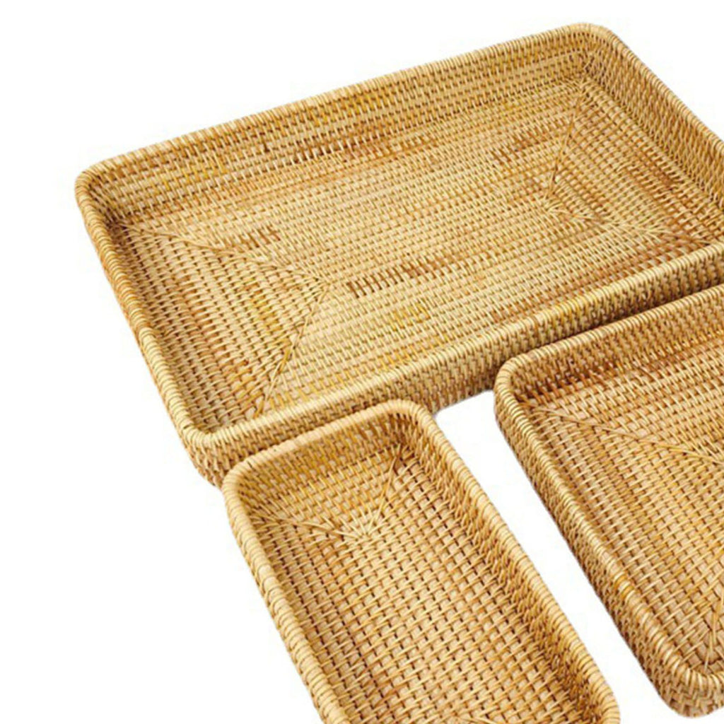 Rattan Tray Tabletop Organization Hand Woven Snack Storage Basket Multifunctional Serving Tray 3 Pcs Set