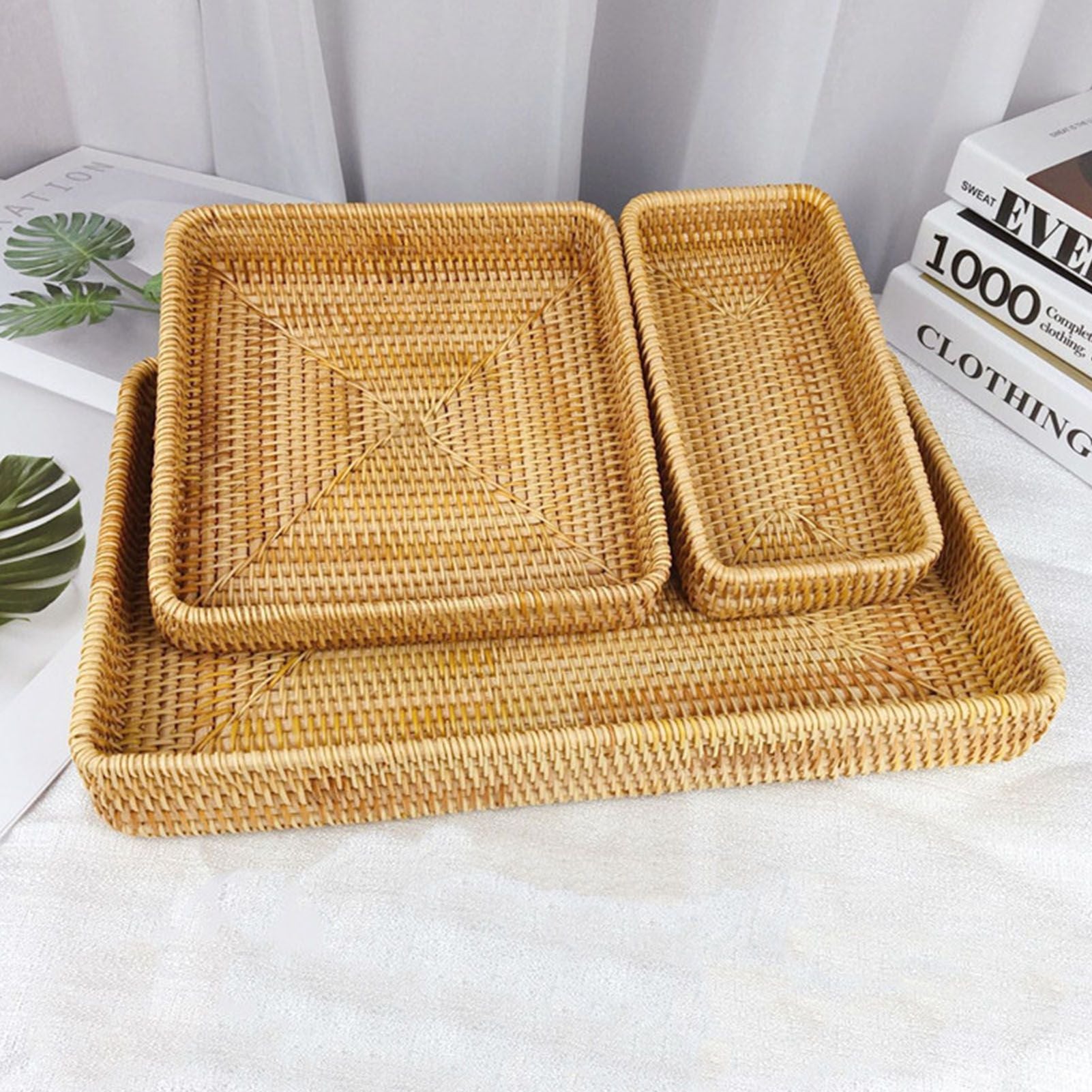 Rattan Tray Tabletop Organization Hand Woven Snack Storage Basket Multifunctional Serving Tray 3 Pcs Set