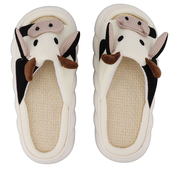 Linen Slippers Wear Resistant Comfortable Open Toe Indoor Slippers Sandals for 4 Season Cow Cartoon Pattern 40 41 Size