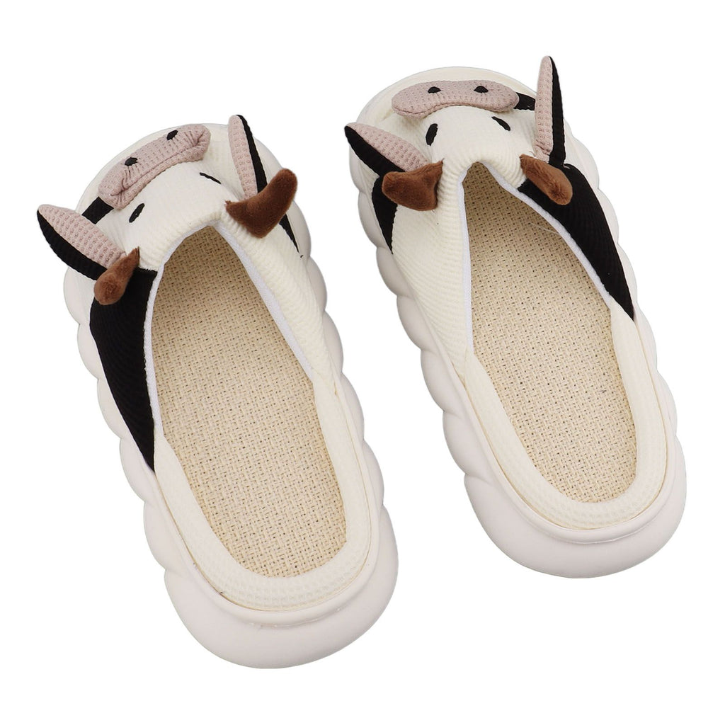 Linen Slippers Wear Resistant Comfortable Open Toe Indoor Slippers Sandals for 4 Season Cow Cartoon Pattern 40 41 Size