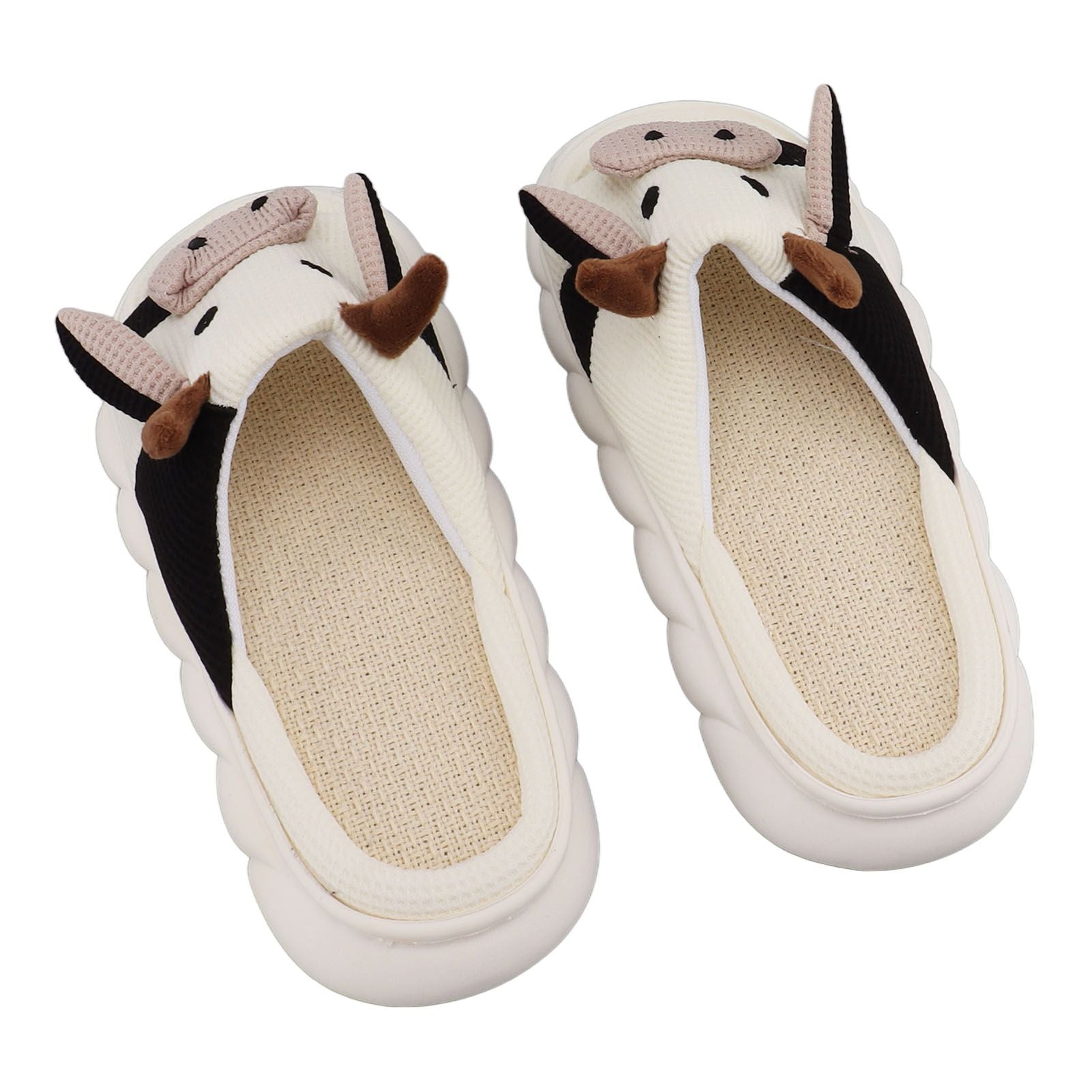 Linen Slippers Wear Resistant Comfortable Open Toe Indoor Slippers Sandals for 4 Season Cow Cartoon Pattern 40 41 Size