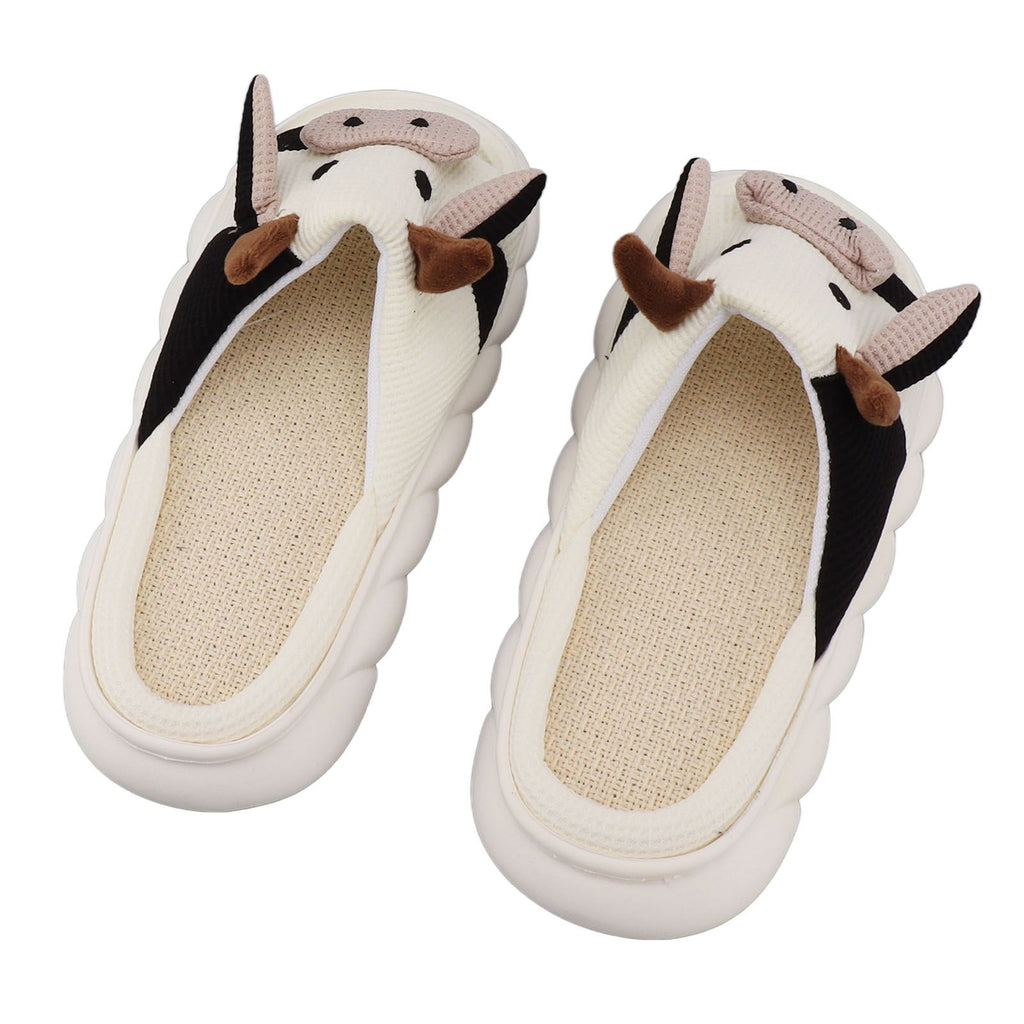 Linen Slippers Wear Resistant Comfortable Open Toe Indoor Slippers Sandals for 4 Season Cow Cartoon Pattern 40 41 Size