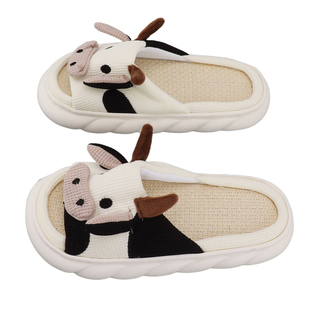 Linen Slippers Wear Resistant Comfortable Open Toe Indoor Slippers Sandals for 4 Season Cow Cartoon Pattern 40 41 Size