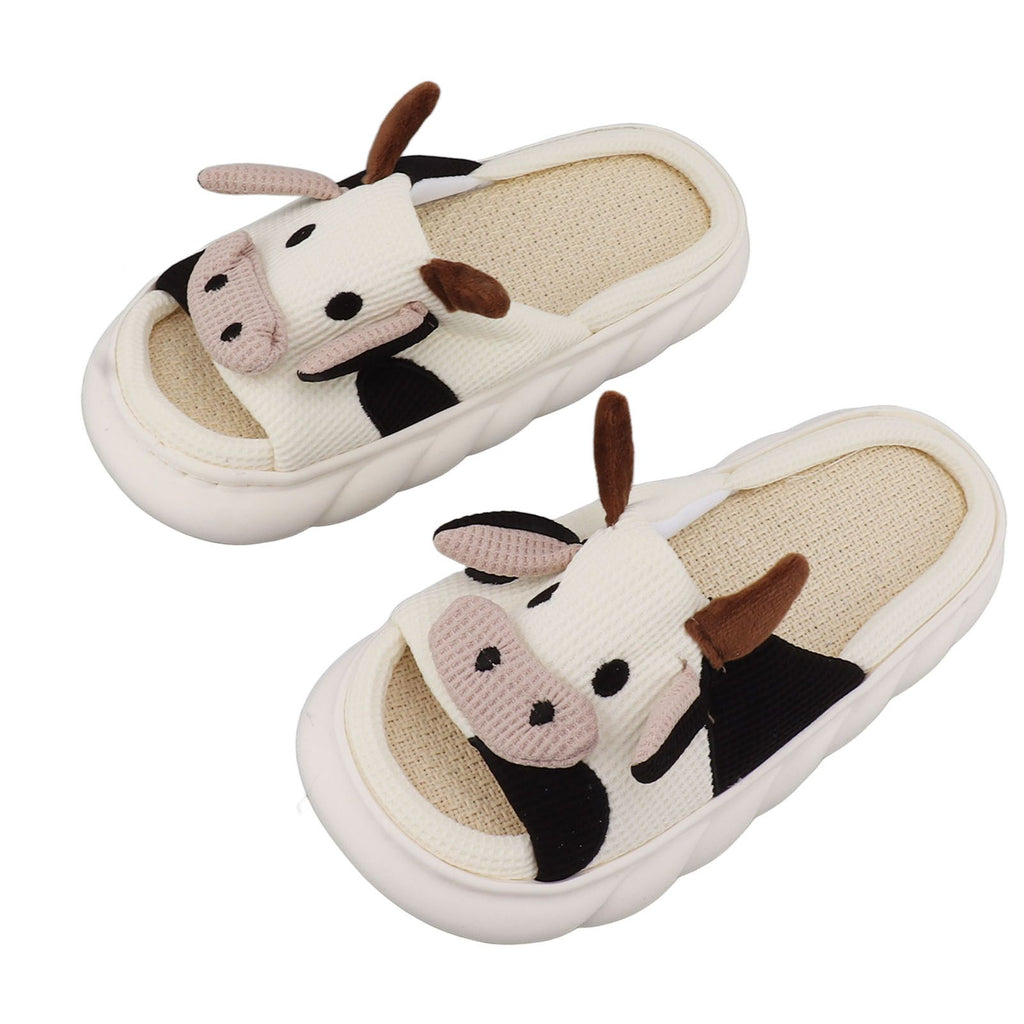 Linen Slippers Wear Resistant Comfortable Open Toe Indoor Slippers Sandals for 4 Season Cow Cartoon Pattern 40 41 Size