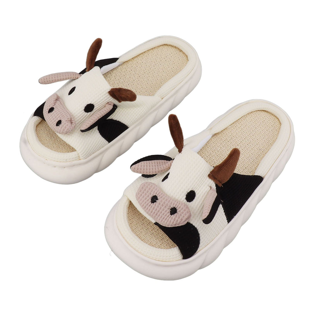 Linen Slippers Wear Resistant Comfortable Open Toe Indoor Slippers Sandals for 4 Season Cow Cartoon Pattern 40 41 Size