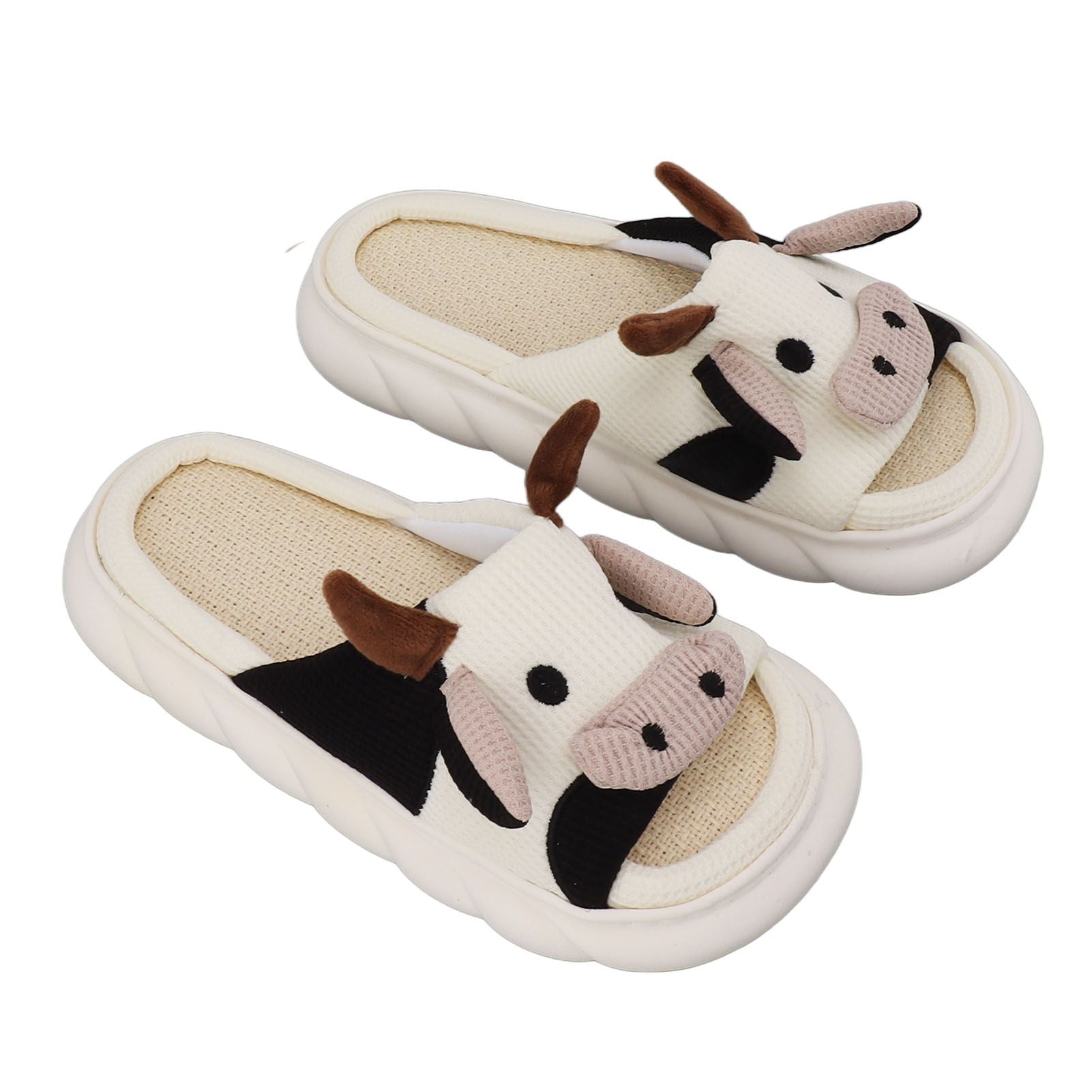 Linen Slippers Wear Resistant Comfortable Open Toe Indoor Slippers Sandals for 4 Season Cow Cartoon Pattern 40 41 Size