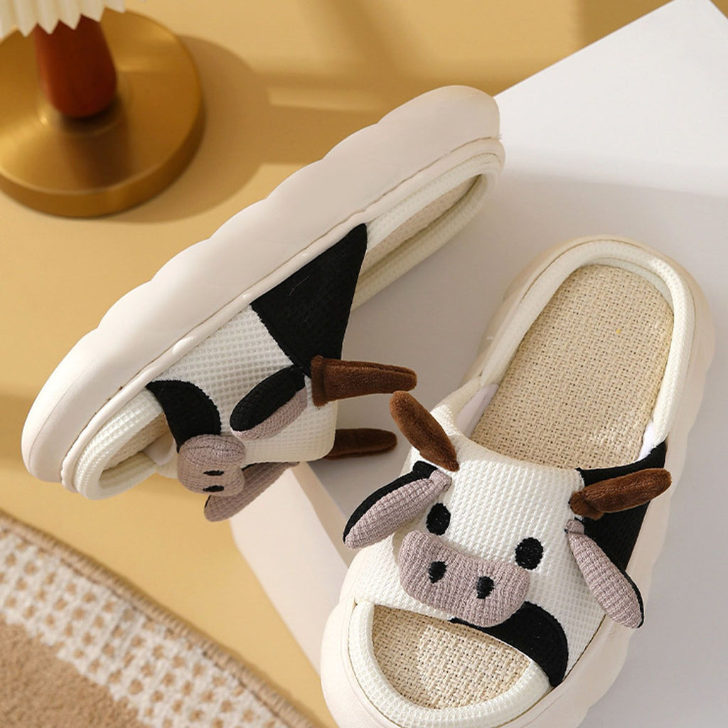 Linen Slippers Wear Resistant Comfortable Open Toe Indoor Slippers Sandals for 4 Season Cow Cartoon Pattern 40 41 Size