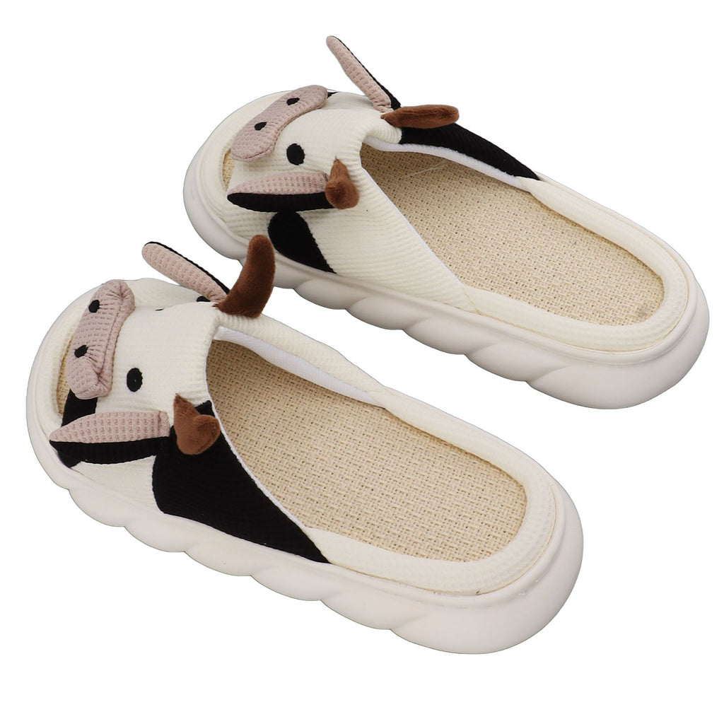Linen Slippers Wear Resistant Comfortable Open Toe Indoor Slippers Sandals for 4 Season Cow Cartoon Pattern 42 43 Size