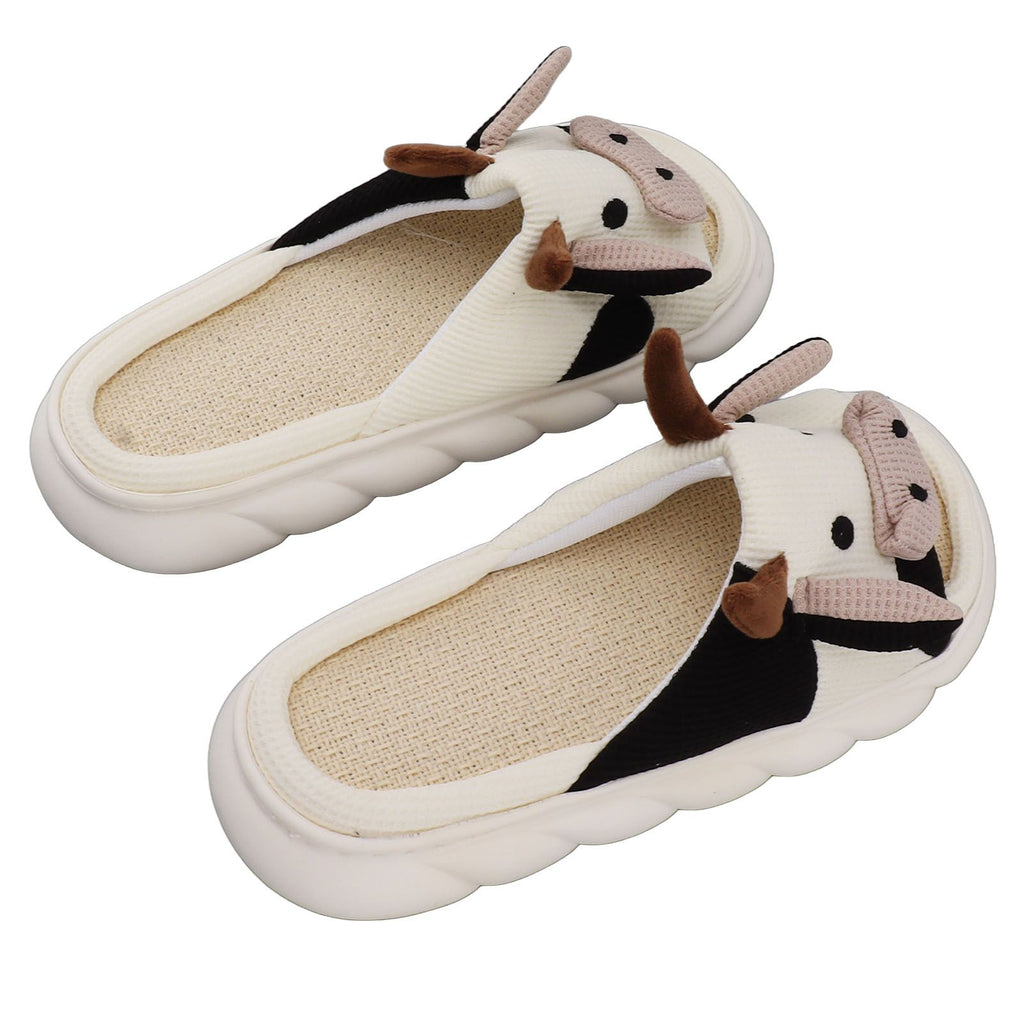 Linen Slippers Wear Resistant Comfortable Open Toe Indoor Slippers Sandals for 4 Season Cow Cartoon Pattern 42 43 Size