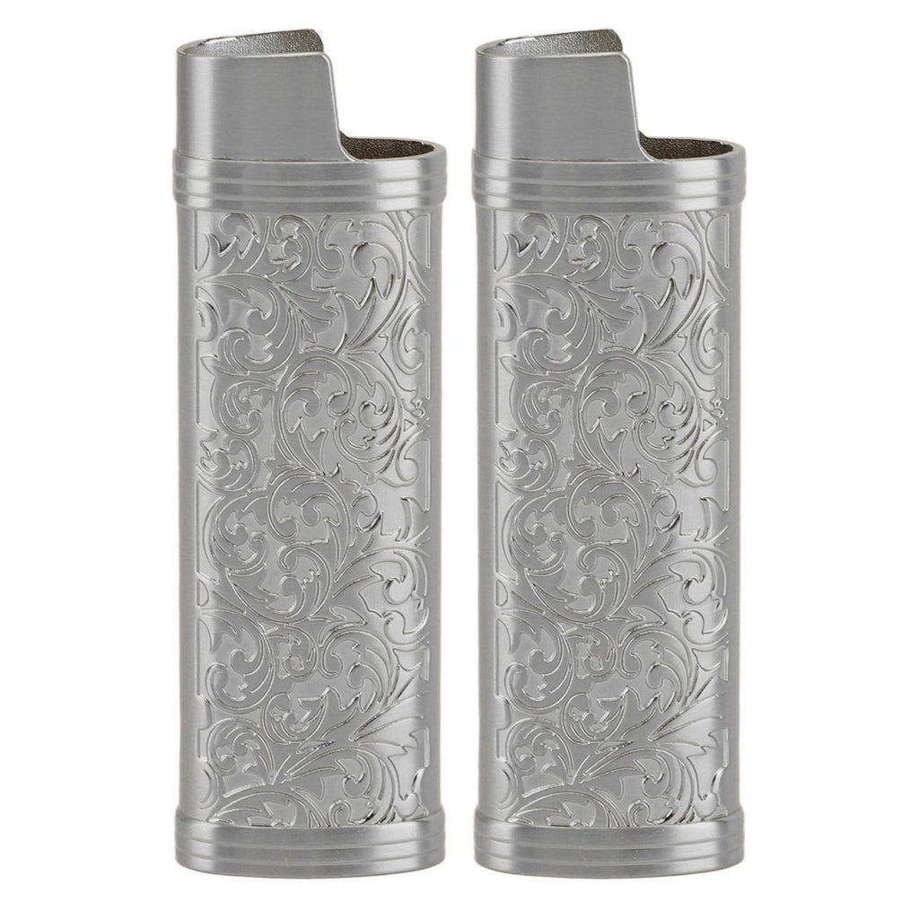 2PCS Lighter Case Cover Vintage Style Floral Stamped Zinc Alloy Shell for Lighter Protection Gray