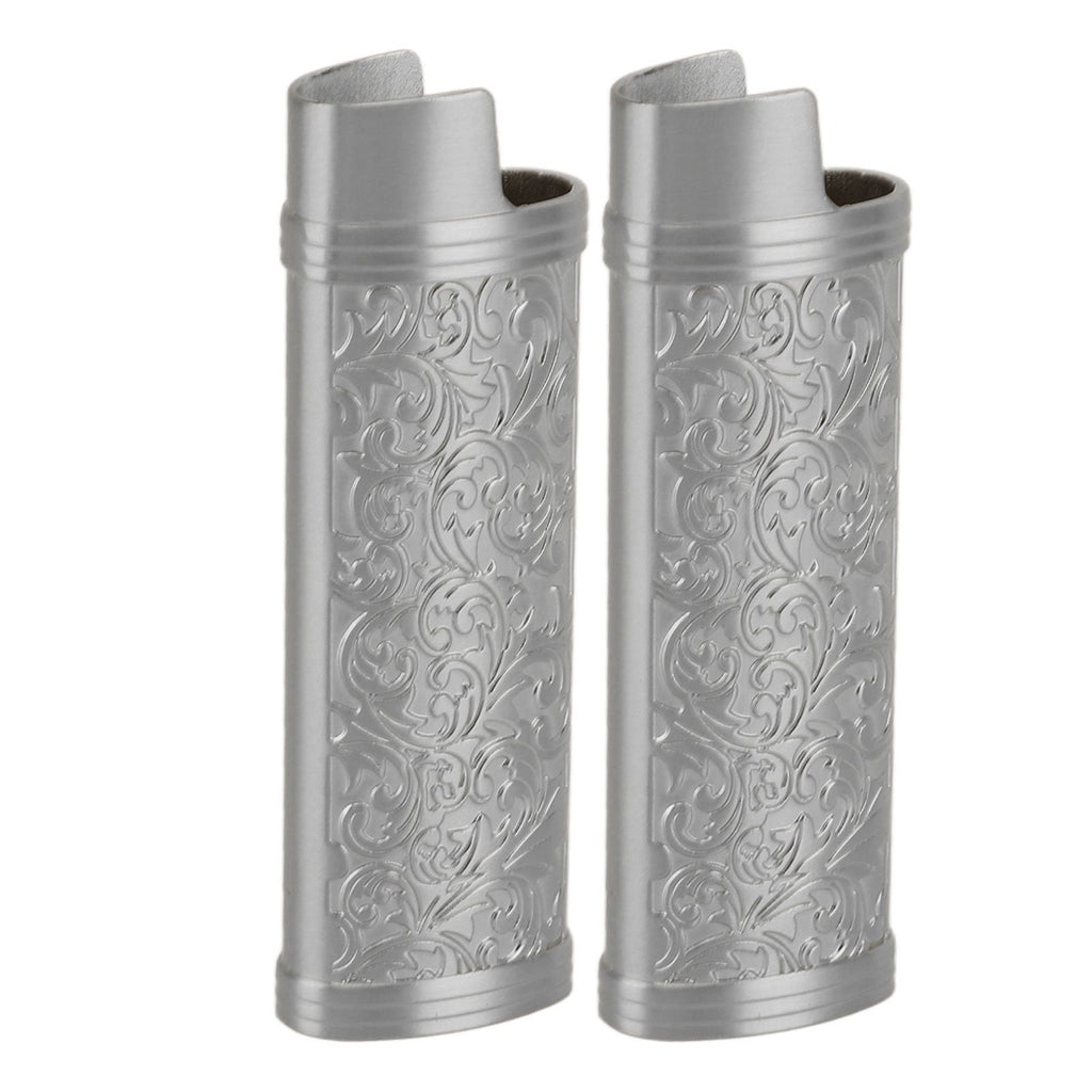 2PCS Lighter Case Cover Vintage Style Floral Stamped Zinc Alloy Shell for Lighter Protection Gray