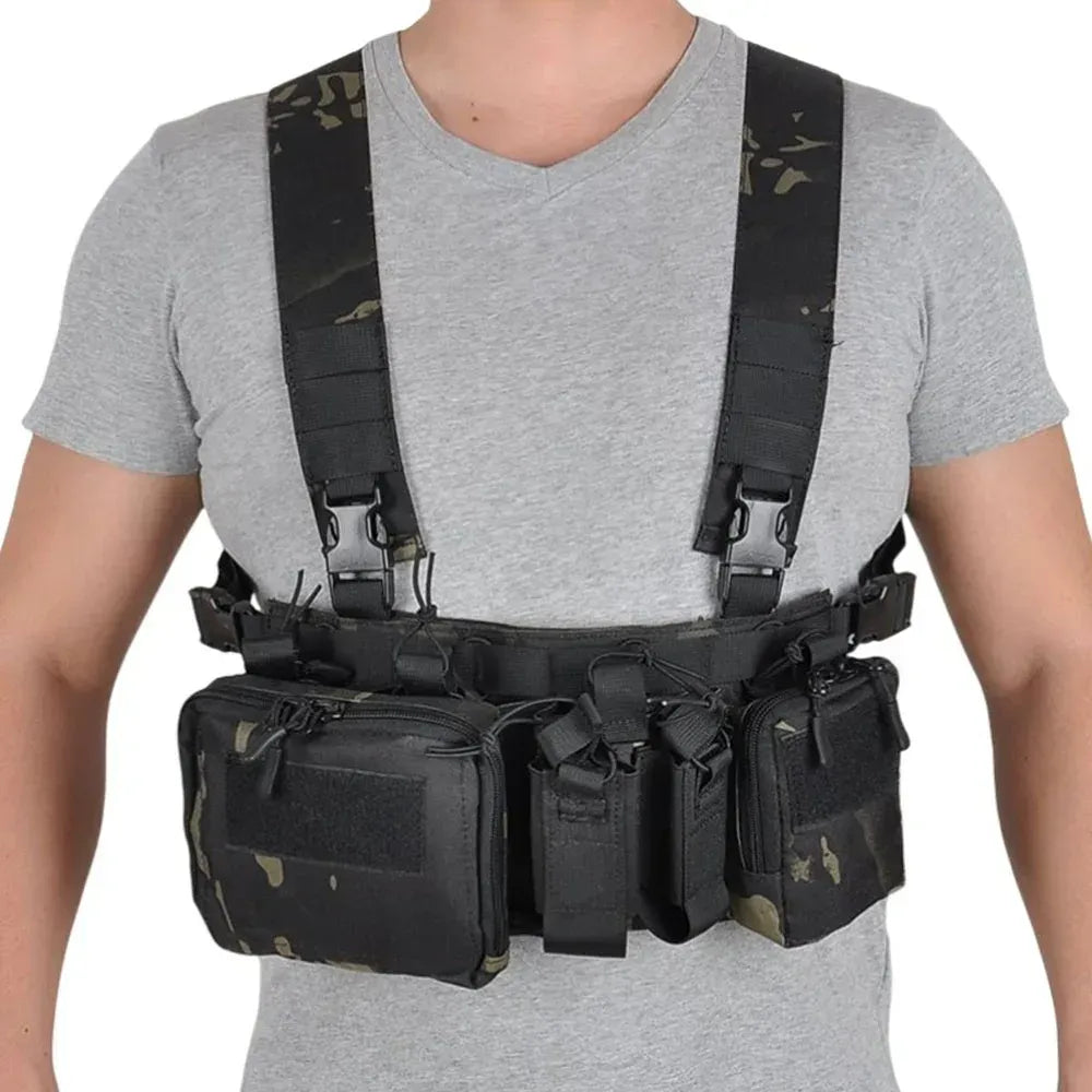 Tactical Chest Vest Rig Bag Field Training Vest Multifunctional Camouflage Strap with Multi-Pocket Outdoor Camping CS Match Pack - Black