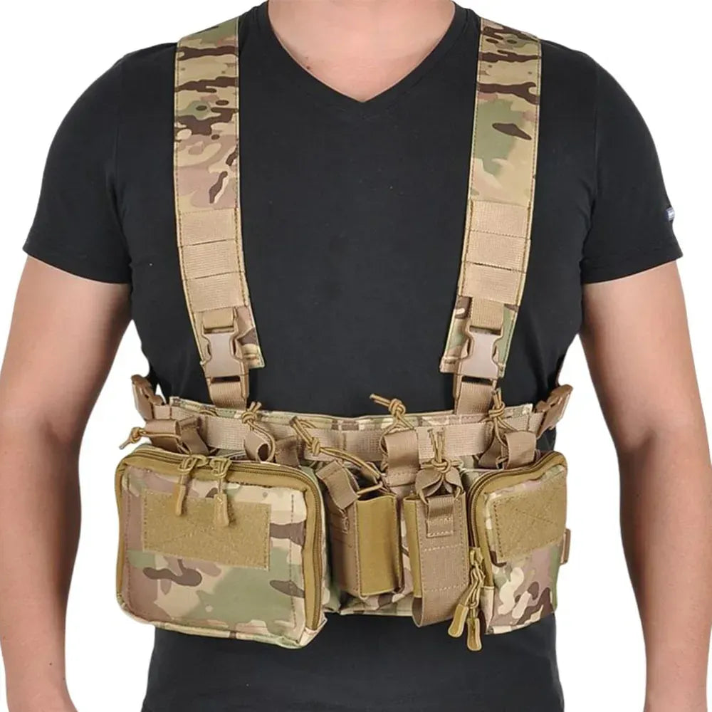 Tactical Chest Vest Rig Bag Field Training Vest Multifunctional Camouflage Strap with Multi-Pocket Outdoor Camping CS Match Pack - Black
